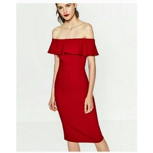 Red Zara Off-Shoulder Frill Dress (7972)